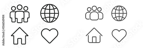 Symbols illustrating community, connection, love, and home in minimalist design suitable for various applications