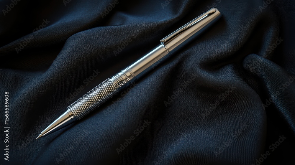 Naklejka premium Sleek silver pen with a textured grip rests on smooth black fabric, highlighting elegance and professionalism.