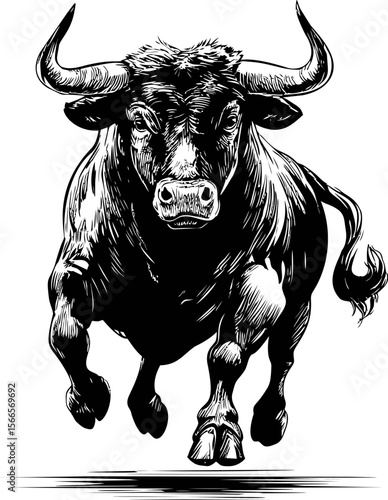 Black and white illustration of a charging bull in detailed line art style