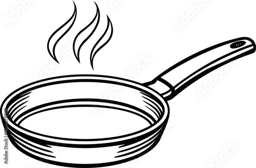 Black and white illustration of a frying pan with steam rising