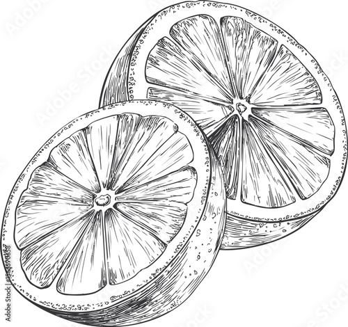 Illustration of two detailed lemon halves in black and white sketch style