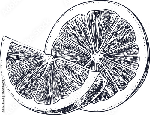 Vintage style illustration of citrus fruit slices in detailed monochrome