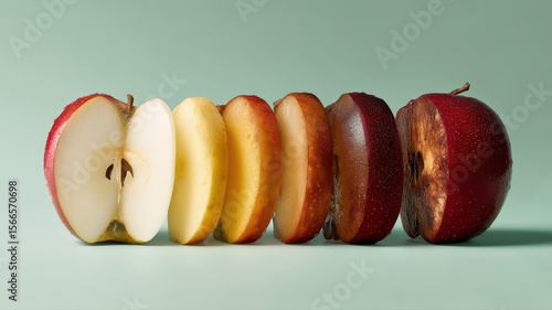 Apple sliced to show oxidation and browning over five vertical time-based stages