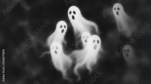 Whimsical ghost animation with spooky halloween white spirits floating in dark misty night scene. concept of eerie holiday spirits, halloween animation, ghost cartoon. Animation