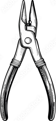 Black and white illustration of pliers with detailed lines and shading