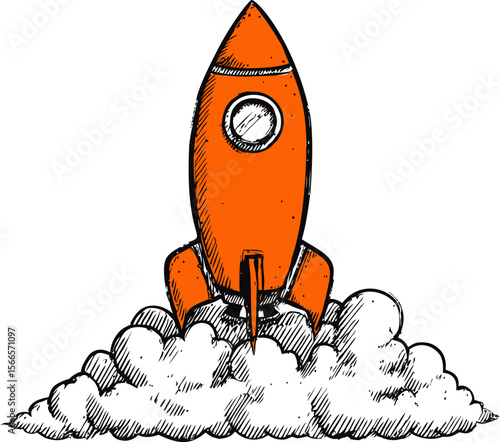 Orange rocket blasting off surrounded by clouds, cartoon style illustration