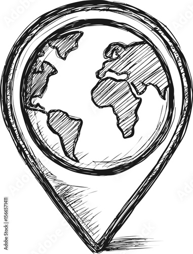 Hand-drawn globe in map pin shape showing continents as a sketched illustration