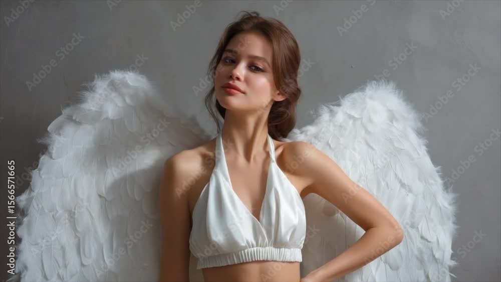 Beautiful young woman in white wings posing on a gray background Beautiful young woman in white wings posing on a gray background