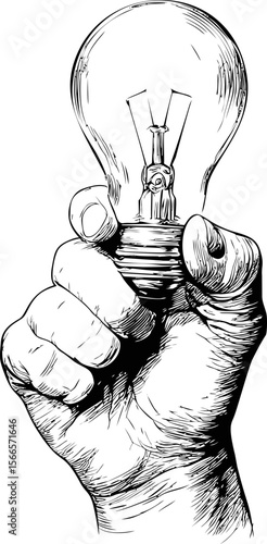 Hand holding a light bulb in detailed black and white sketch art concept