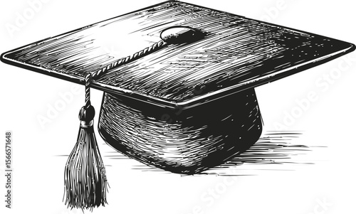 Graduation cap illustration sketched in black and white with tassel detail