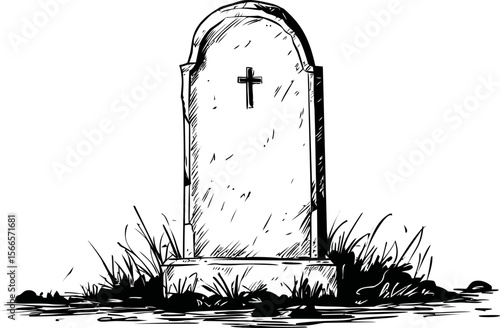 Black and white drawing of a tombstone with a cross in a grassy area