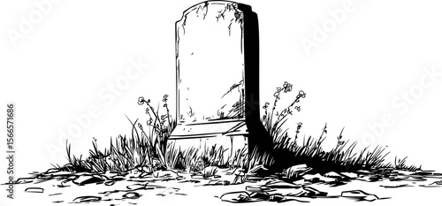 Monochrome illustration of old gravestone with grass and wildflowers