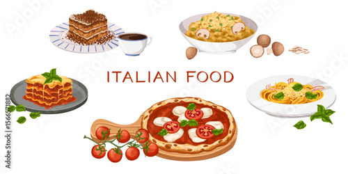 Set with classic Italian meals and produce. Hand drawn illustration of pasta, pizza, risotto, lasagna, tiramisu and espresso for culinary design, restaurant menus, branding, packaging, stickers