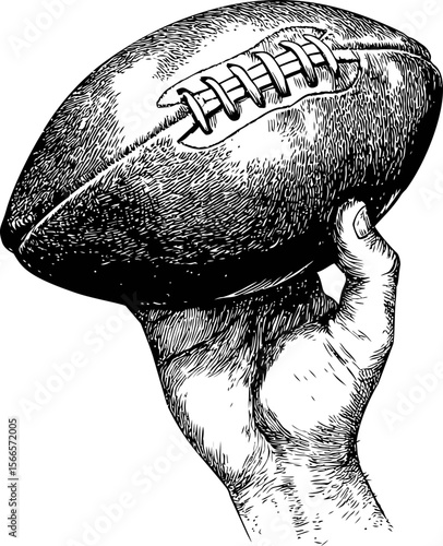 Hand holding a detailed sketch of an american football ball in vintage style