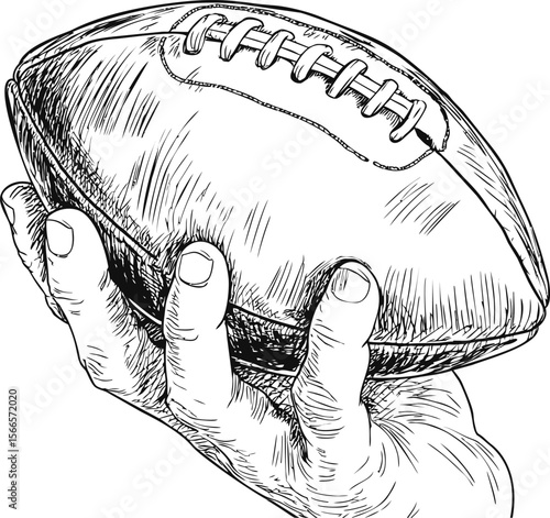 Hand holding an american football in detailed black and white sketch style