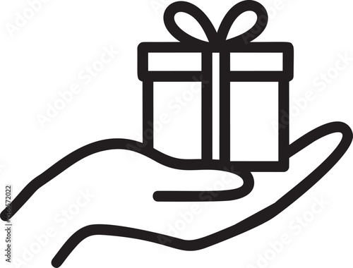 Hand holding a wrapped gift box with a bow, line art illustration