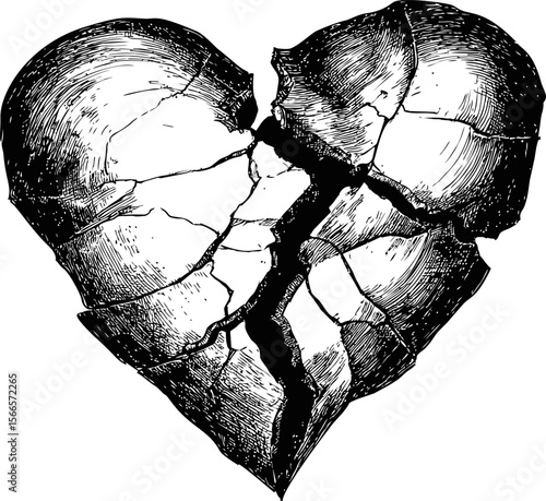 Cracked heart illustration in black and white, symbolizing broken emotions
