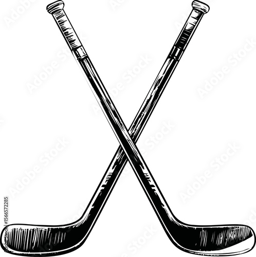Crossed hockey sticks in a detailed black and white illustration style