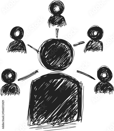 Black and white sketch of a network with central node and connected people