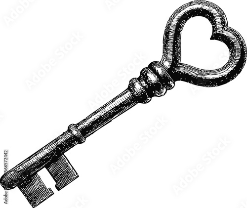 Vintage illustration of an ornate skeleton key with a heart-shaped bow