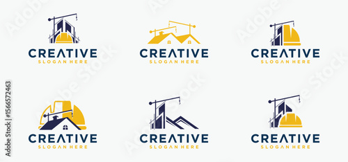House and building construction logo concept line art, modern building construction vector