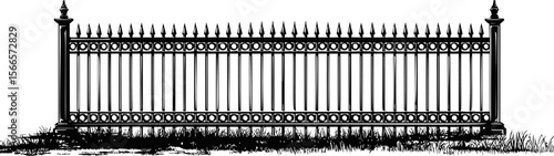 Ornate black iron fence with decorative spikes and grass illustration