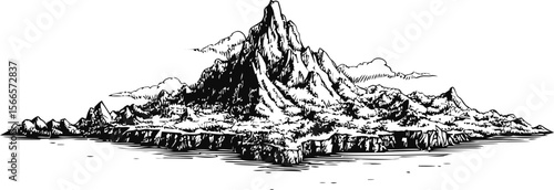 Monochrome illustration of a majestic mountain landscape with clouds