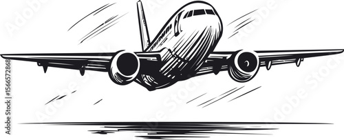 Black and white illustration of an airplane in flight with sketch lines