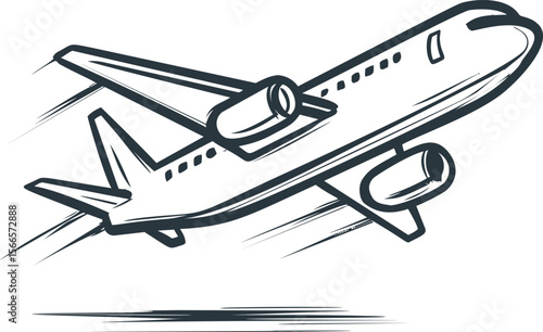 Airplane sketch in black and white with dynamic motion lines for aviation concept