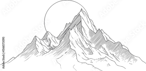 Monochrome mountain illustration with sun rising in the background, sketch style