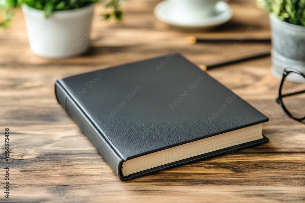 Fototapeta premium A black leather bound book sits on a wooden table. Blank book cover mockup hardcover mock up of business literature on wood desk office table.