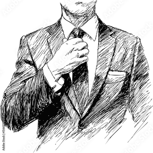 Businessman adjusting tie in black and white sketch, conceptual illustration