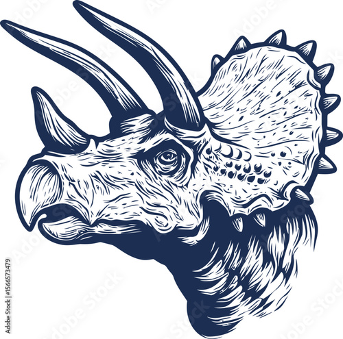 Detailed triceratops head illustration in blue monochrome with fierce expression
