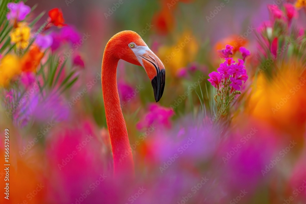 Fototapeta premium Amidst a vibrant tapestry of colorful flowers, a majestic red flamingo stands out with its striking orange neck and black beak, embodying the spirit of nature's diversity