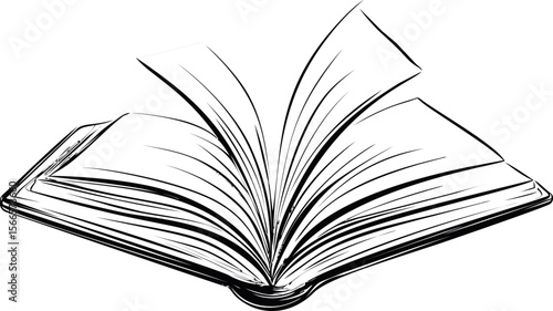 Open sketch of a book with flipping pages in black and white illustration