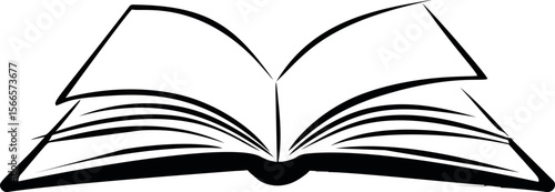Open book illustration with flowing pages in black and white sketch style