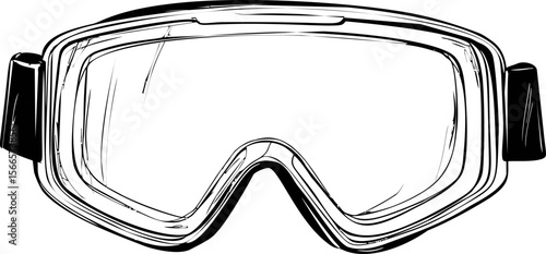 Black and white illustration of ski goggles with detailed sketch lines