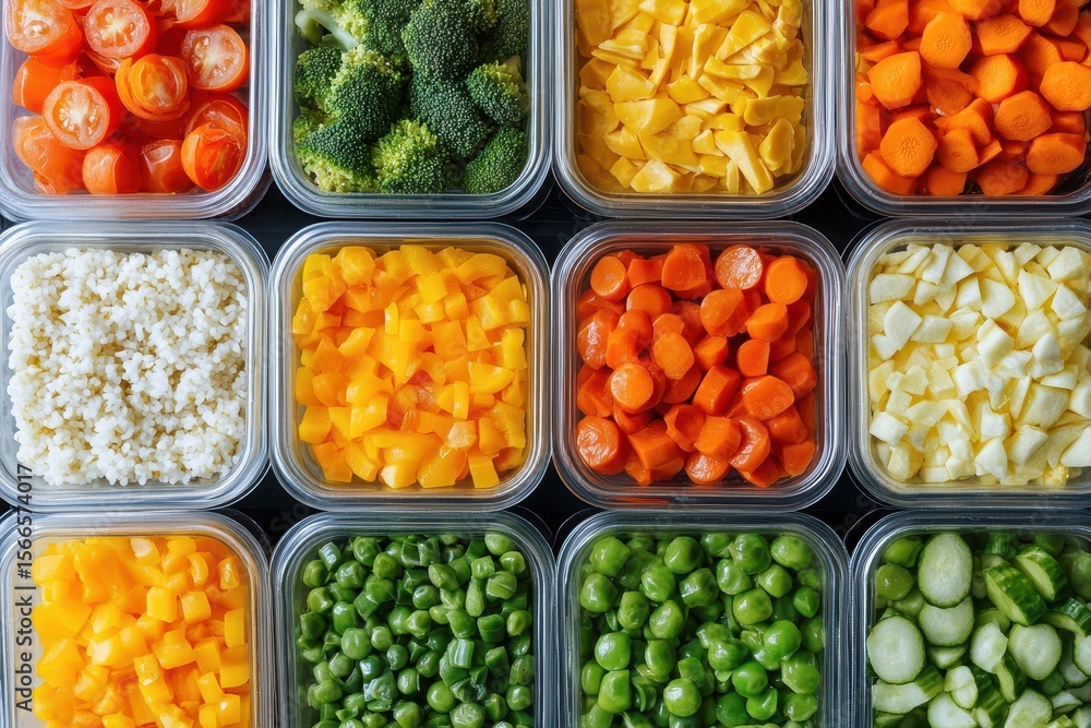 Containers filled with chopped fruits and vegetables, shot from directly above. Perfect for illustrating healthy eating habits or meal prepping concepts. Containers filled with chopped fruits and vegetables, shot from directly above. Perfect for illustrating healthy eating habits or meal prepping concepts.