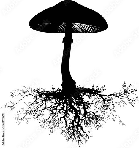 Silhouette of a mushroom with intricate root system