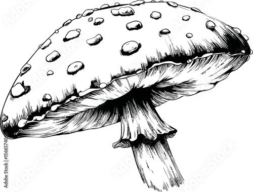 Black and white illustration of a mushroom with detailed textures, botanical art