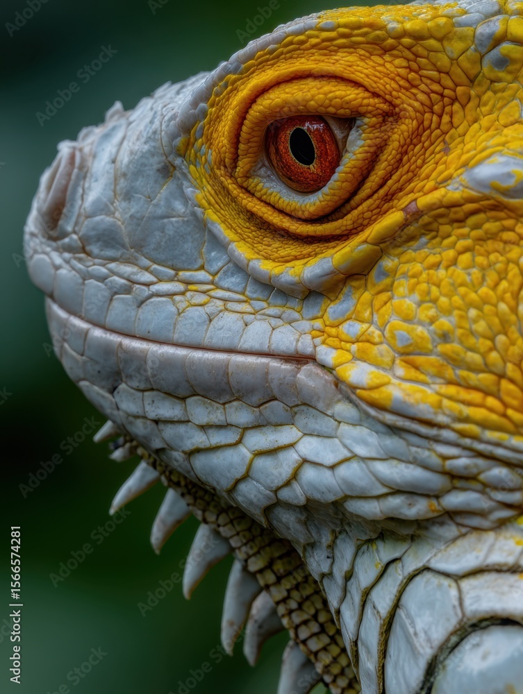 Fototapeta premium A close-up of a vibrant yellow and white bearded dragon's head, showcasing its striking red eyes and detailed scales