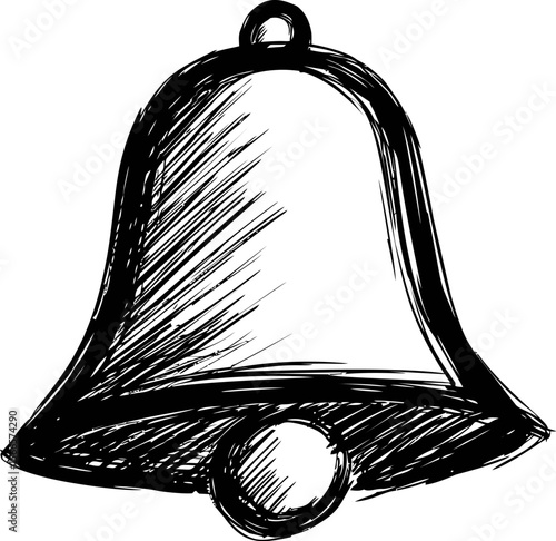 Black sketched bell illustration with textured shading, hand-drawn art style