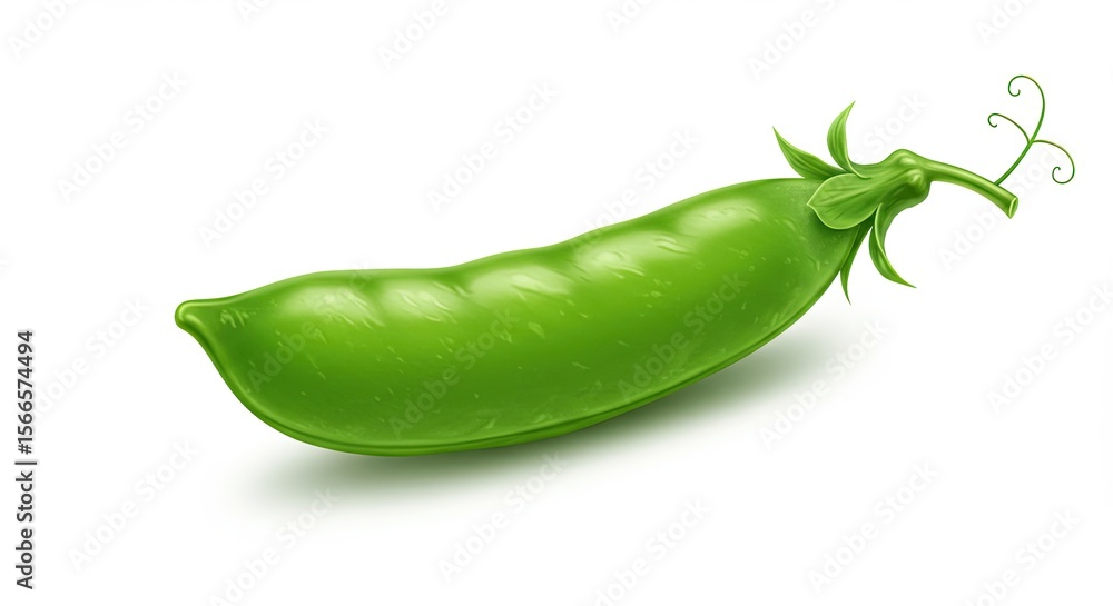 Fresh green pea pod with curled tendrils and leaves in detailed illustration Fresh green pea pod with curled tendrils and leaves in detailed illustration