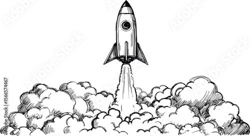 Rocket launching with smoke in black and white line art illustration