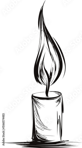 Artistic black and white sketch of a candle with flame in ink style