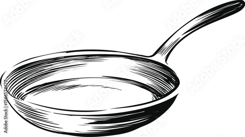 Black and white sketch of a frying pan with a detailed handle, illustration art