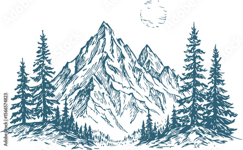 Majestic mountain with pine trees under a sketched sun, detailed illustration
