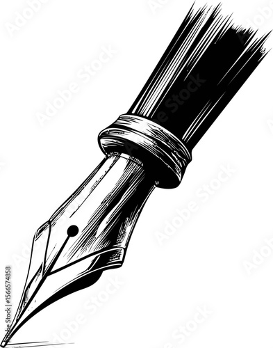 Black and white illustration of a fountain pen nib with bold brush strokes