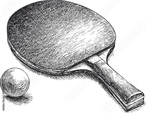 Hand-drawn illustration of ping pong paddle and ball in black and white