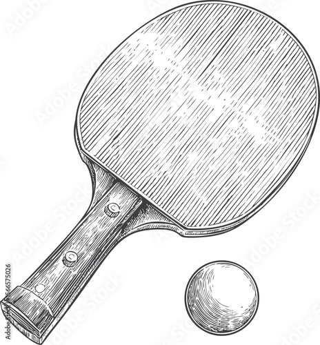 Illustration of table tennis racket and ball with detailed engraving style